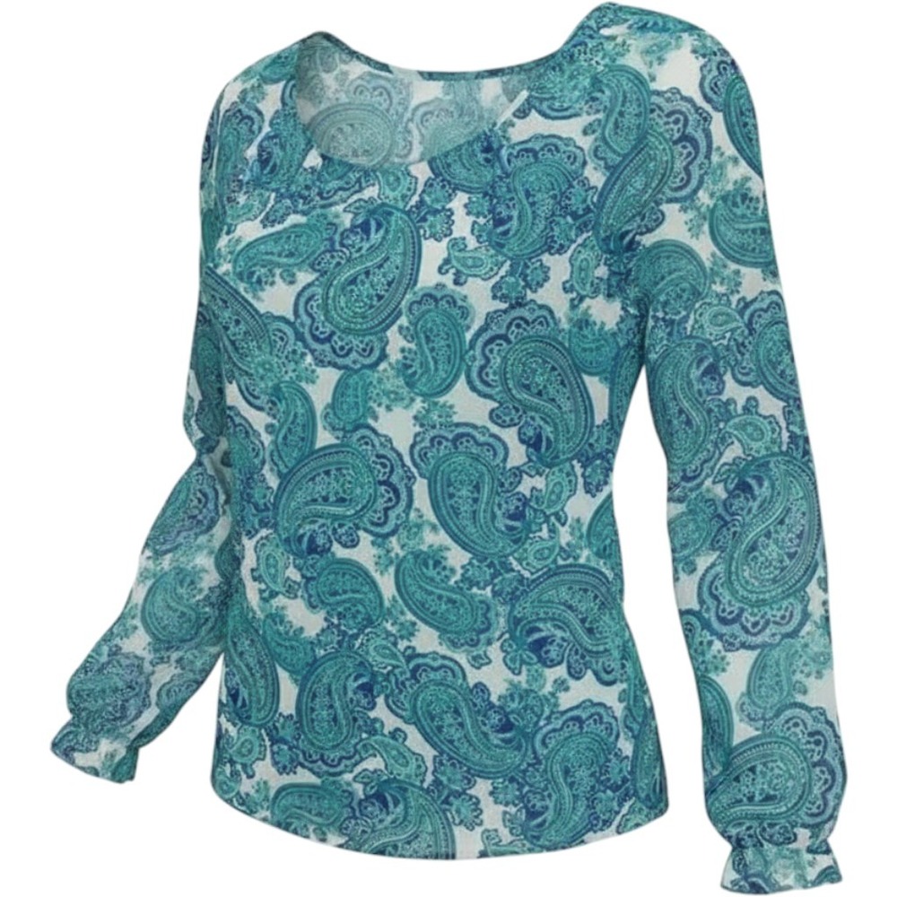 Ann Taylor Womens Large Teal Blue Paisley Long Sleeve Scoop Neck Ruffle Blouse